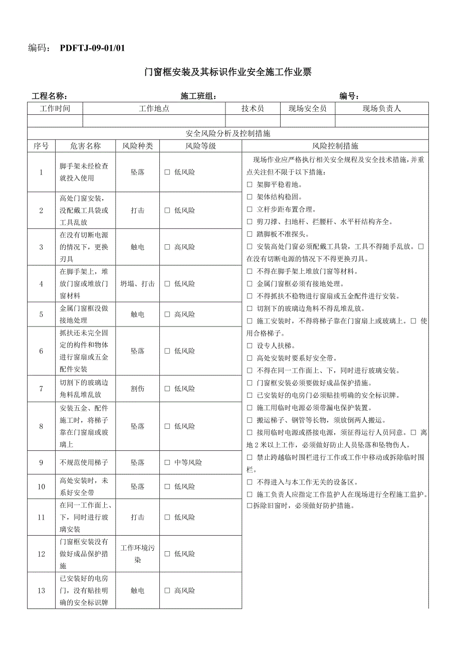 门窗框安装及其标识作业安全风险分析及控制措施.doc_第1页