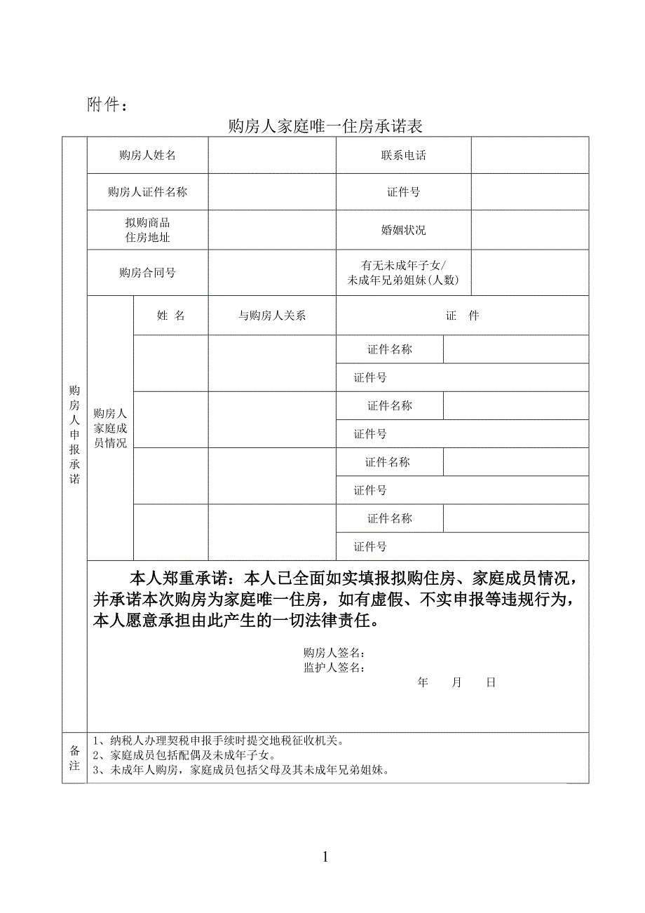 购房人家庭唯一住房承诺表.doc_第1页