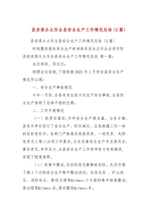 精编县安委办主任全县安全生产工作情况总结2篇范文.docx
