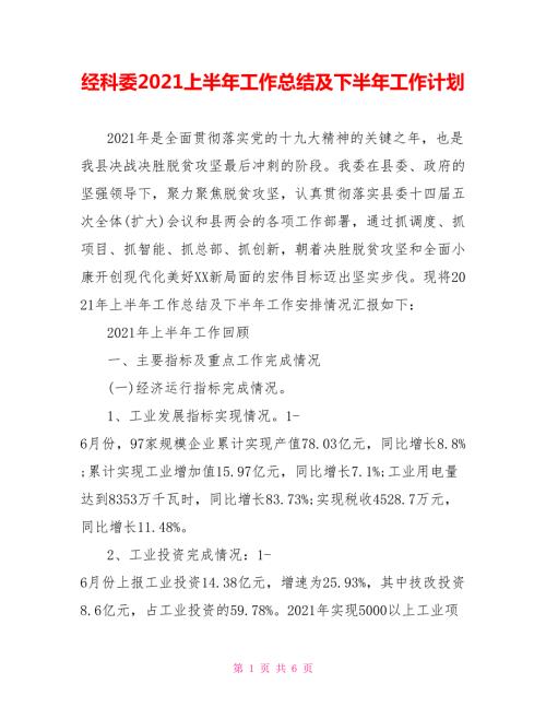 经科委2021上半年工作总结及下半年工作计划.doc
