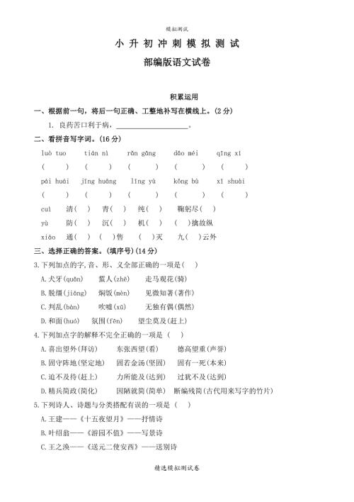 部编版六年级语文小升初模拟试卷附答案.doc