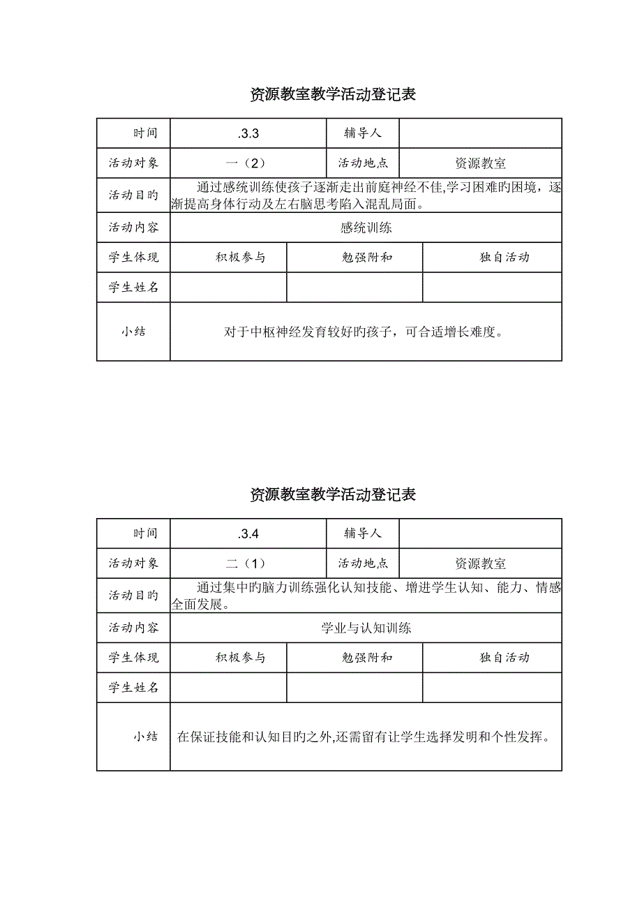 第二学期资源教室教学活动记录表.docx_第1页