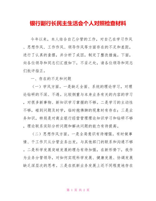 银行副行长民主生活会个人对照检查材料.doc