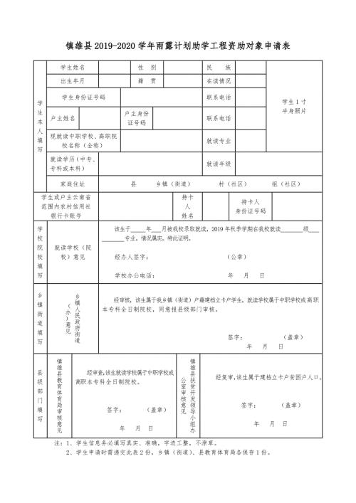 镇雄县2020雨露计划助学工程资助对象申请表.doc