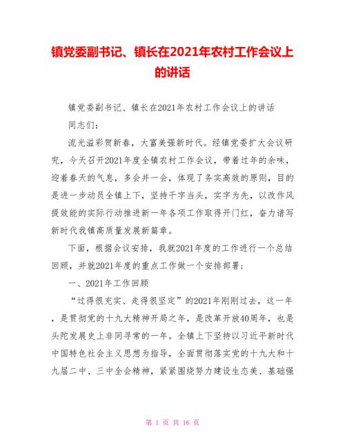 镇党委副书记镇长在2021年农村工作会议上的讲话.doc