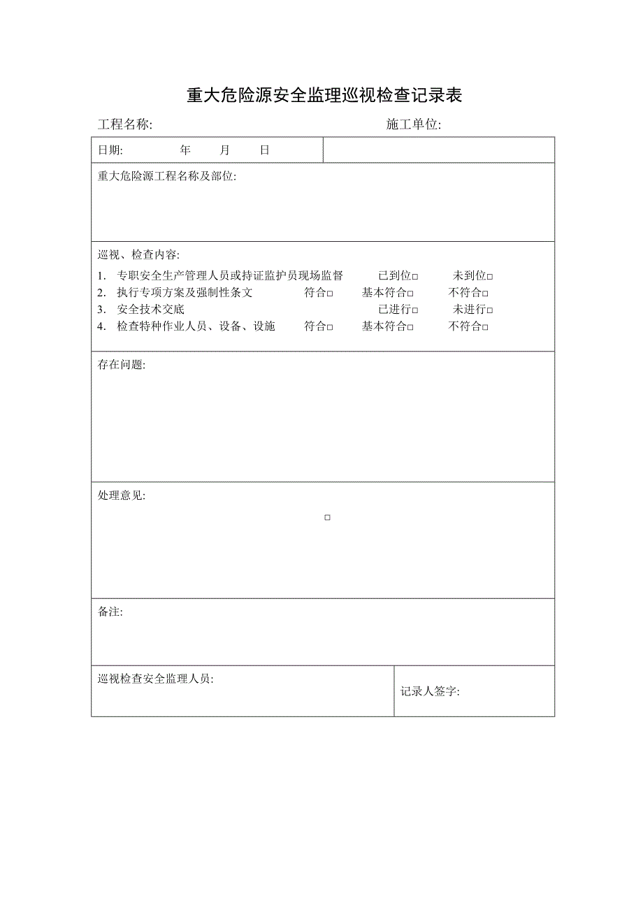 重大危险源安全监理巡视检查记录表范本.doc_第1页