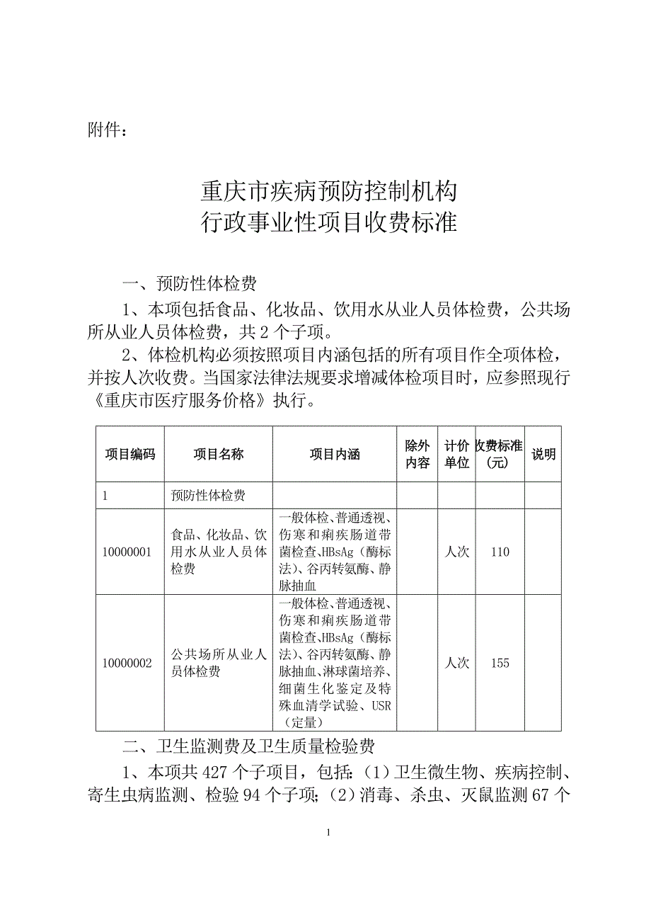 重庆市疾病预防控制机构行政事业性项目收费标准.doc_第1页