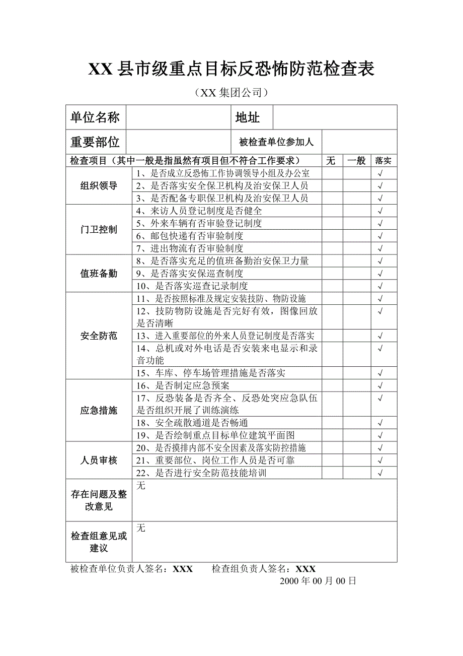 重点目标反恐怖防范检查表.doc_第1页