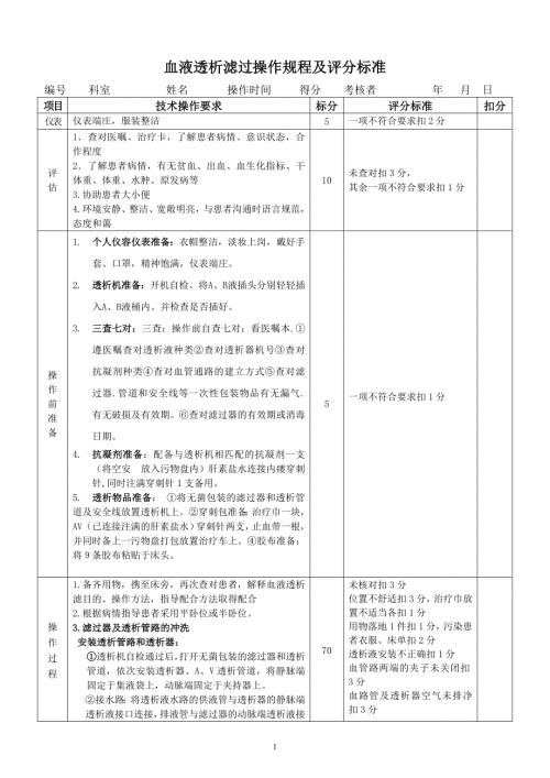 血液透析滤过操作规程及评分标准.doc