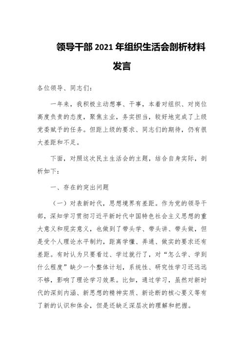 领导干部2021年组织生活会剖析材料发言范文.docx