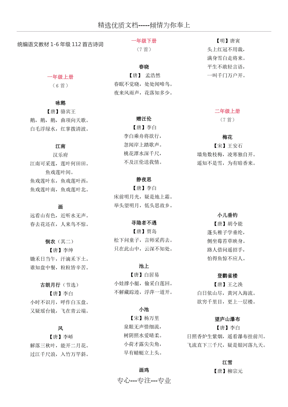 统编语文教材112首经典古诗词汇总整理16年级共7页.docx_第1页