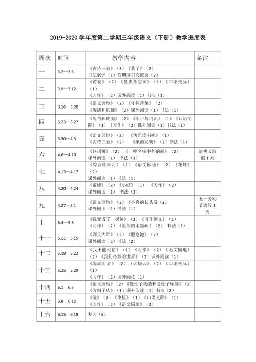 部编版三年级下册语文教学进度表总2页.doc