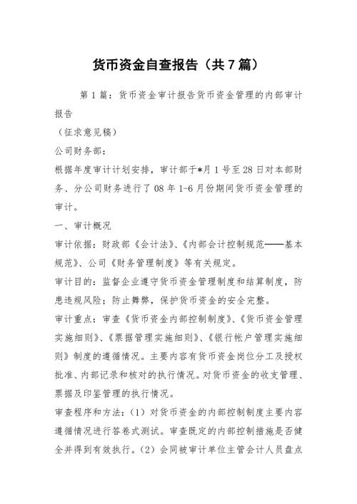 货币资金自查报告共7篇.docx