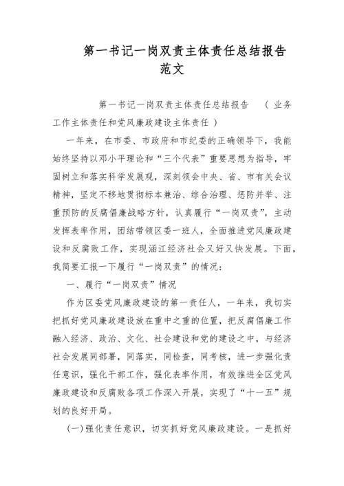 第一书记一岗双责主体责任总结报告范文.docx