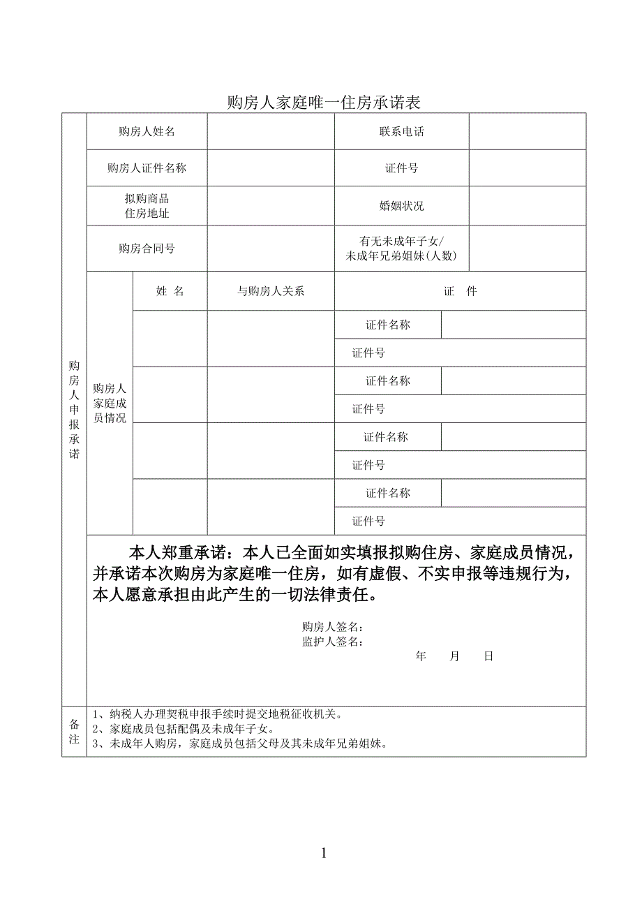 购房人家庭唯一住房承诺表北京市海淀区地方税务局.doc_第1页