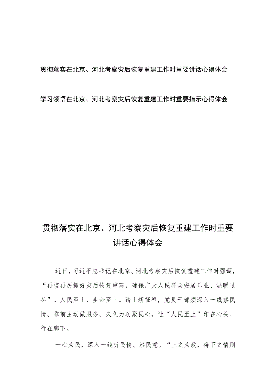 贯彻落实在北京河北考察灾后恢复重建工作时重要讲话心得体会2篇.docx_第1页