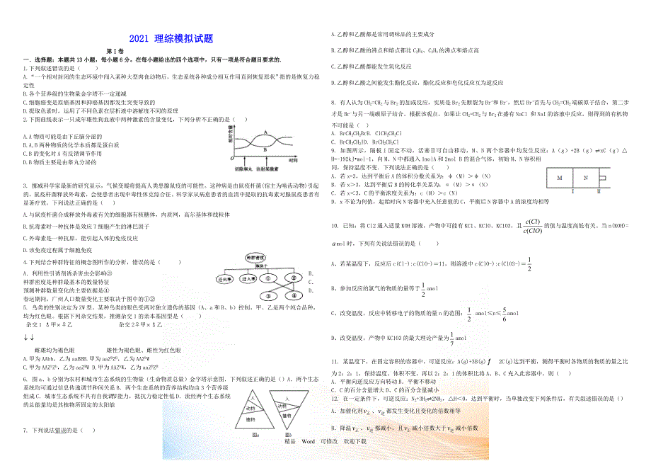衡水万卷2022年全国高考招生统一考试高考理综模拟试题1含解析.doc_第1页