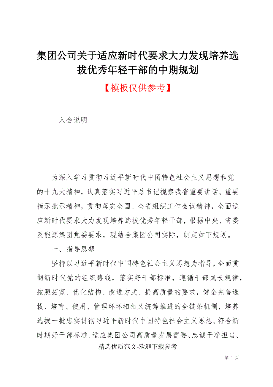 集团公司关于适应新时代要求大力发现培养选拔优秀年轻干部的中期规划.docx_第1页