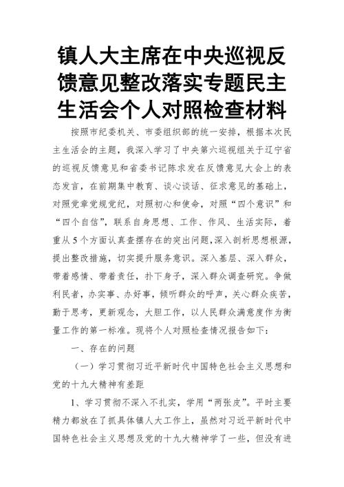 镇人大主席在中央巡视反馈意见整改落实专题民主生活会个人对照检查材料.doc