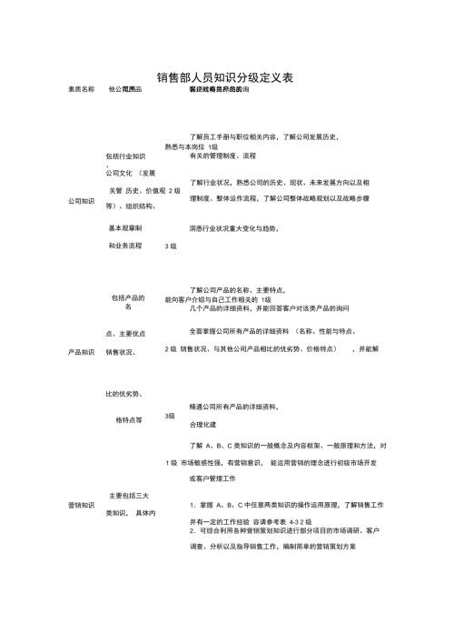 销售部人员知识分级定义表.doc