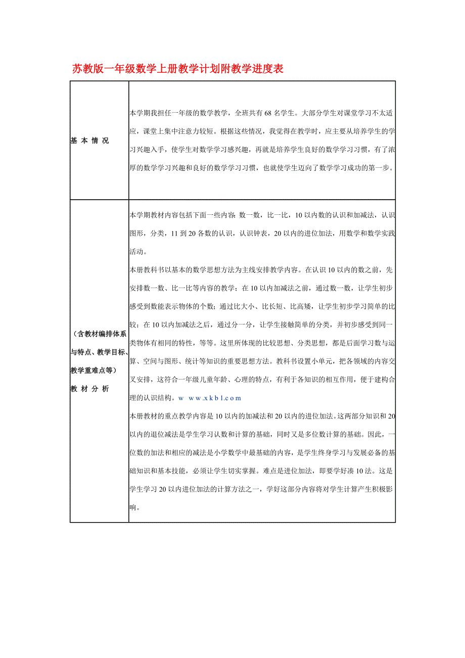 苏教版一年级数学上册教学计划附教学进度表.doc_第1页