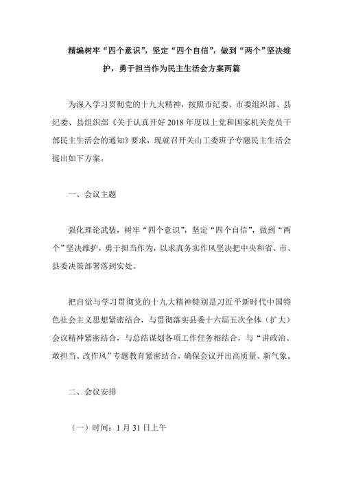 精编树牢四个意识坚定四个自信做到两个坚决维护勇于担当作为民主生活会方案两篇.doc