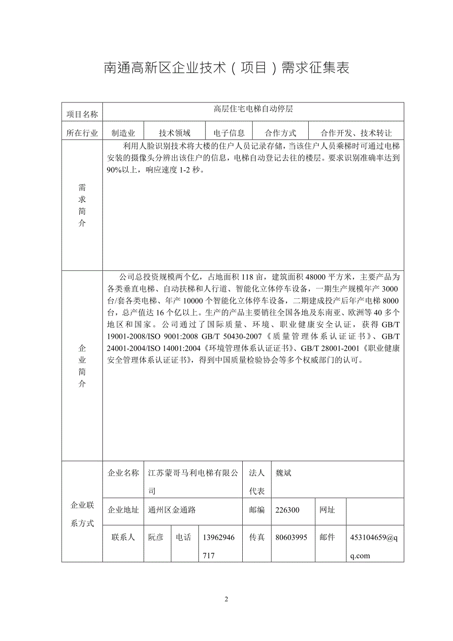 精品资料20212022年收藏南通高新区企业技术项目需求征集表.doc_第2页