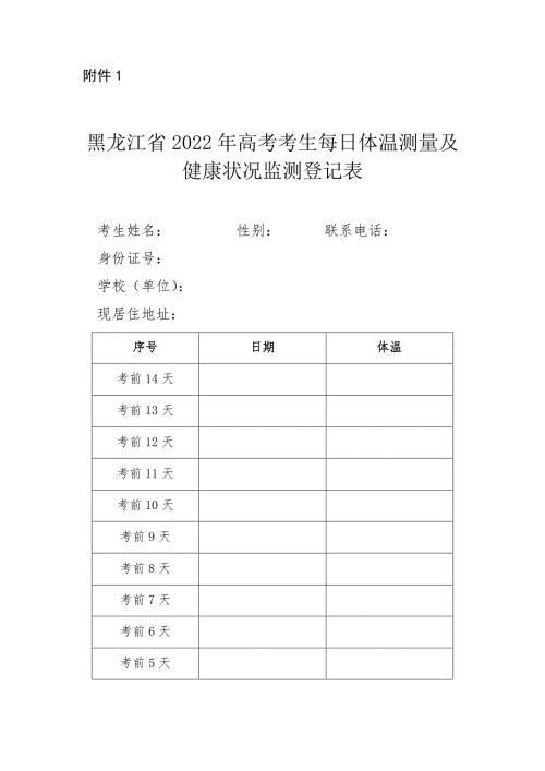 黑龙江省2022年高考考生每日体温测量及健康状况监测登记表.docx