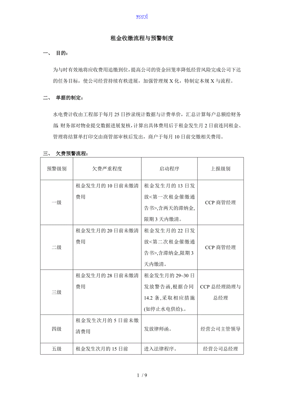 租金费用收缴流程与预警规章制度.doc_第1页