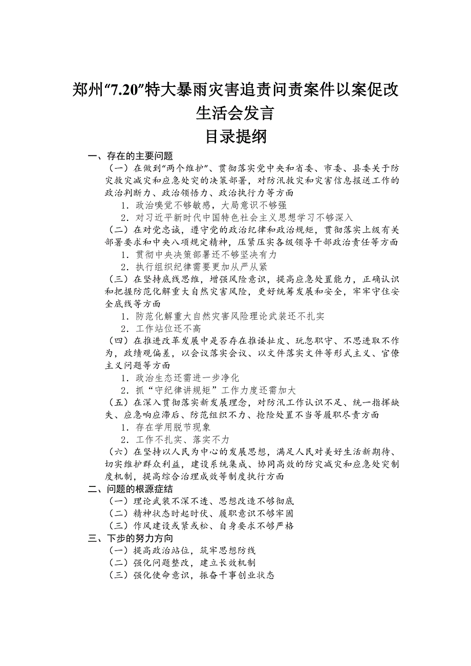 郑州7.20特大暴雨灾害追责问责案件以案促改民主生活会发言材料.docx_第1页