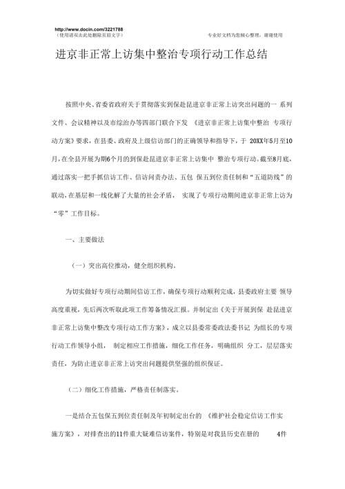 进京非正常上访集中整治专项行动工作总结.docx