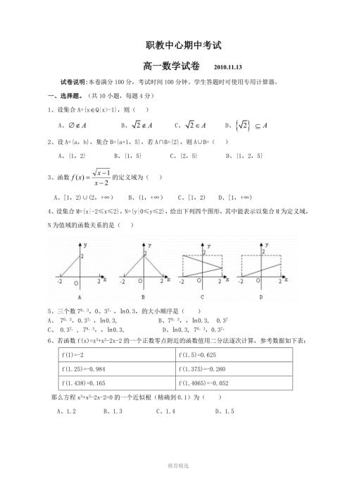 职高高一数学试卷及答案Word版.doc
