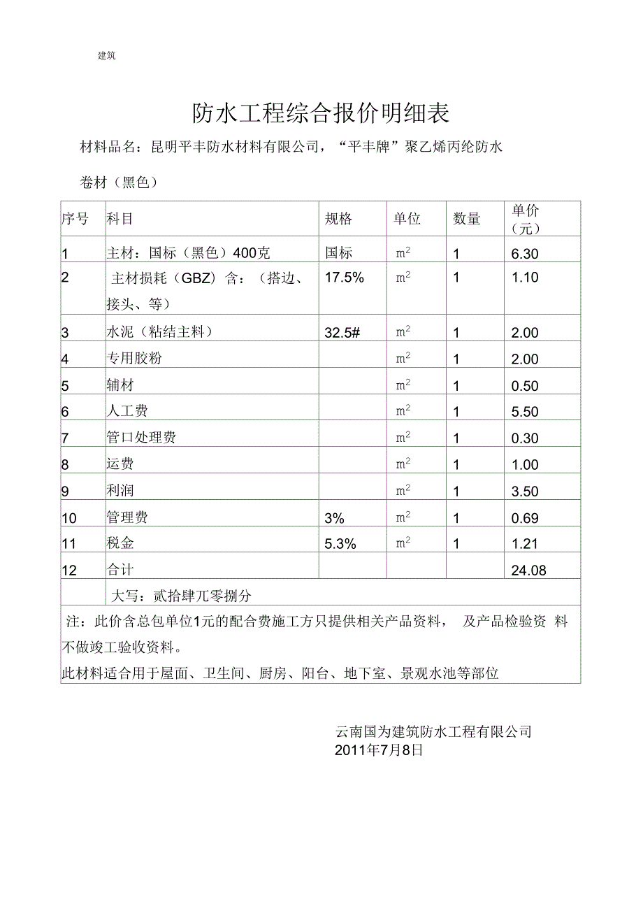 防水工程综合报价明细表.docx_第1页
