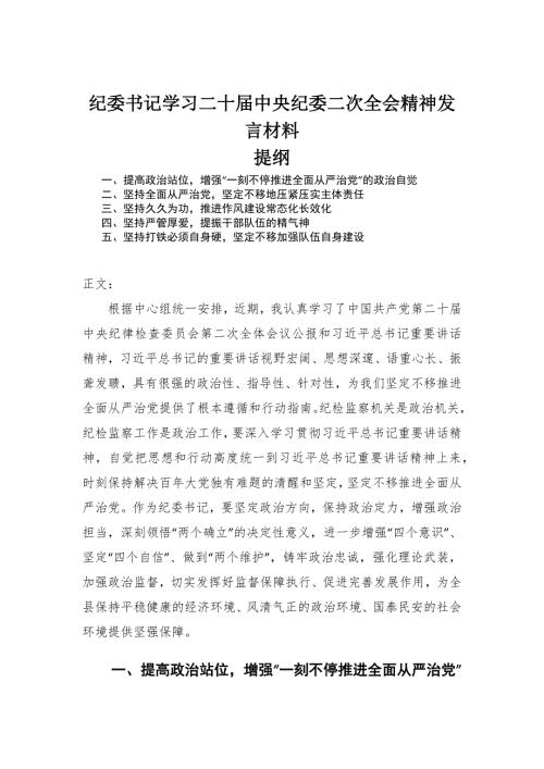 纪委书记学习二十中央纪委二次全会精神发言材料.docx