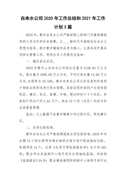 自来水公司2020年工作总结和2021年工作计划3篇.doc