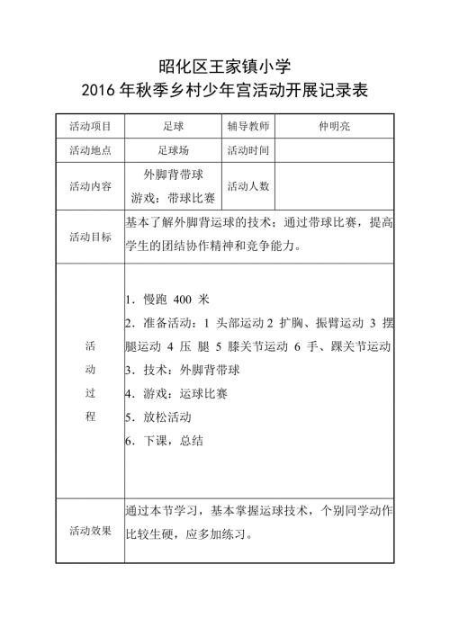 足球社团乡村少年宫活动记录表.doc