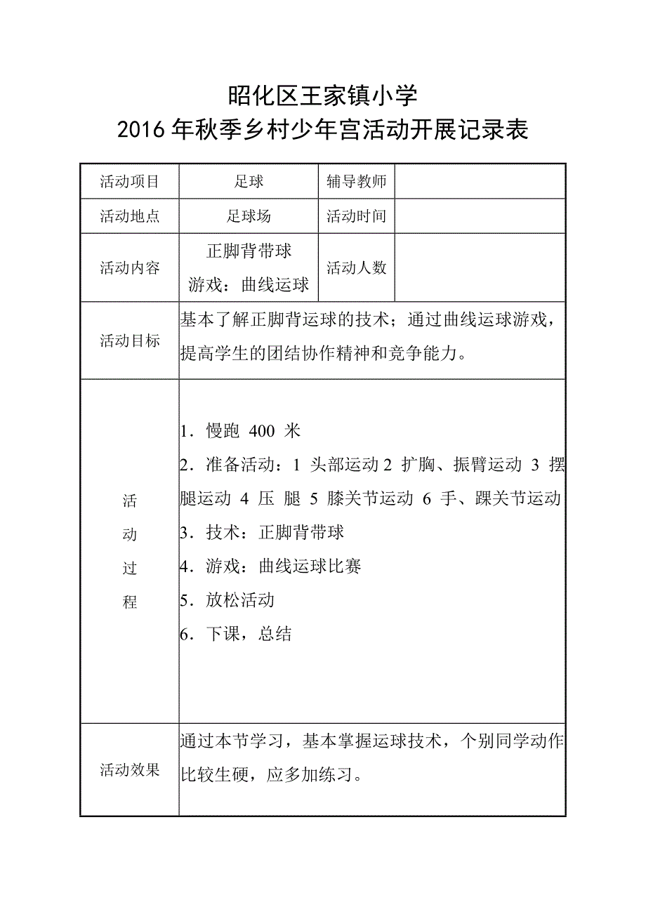 足球社团乡村少年宫活动记录表.doc_第2页