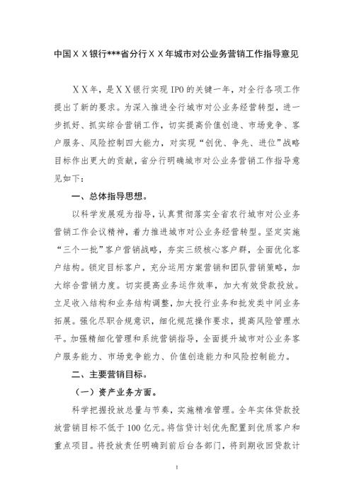银行分行城市对公业务营销工作指导意见.doc