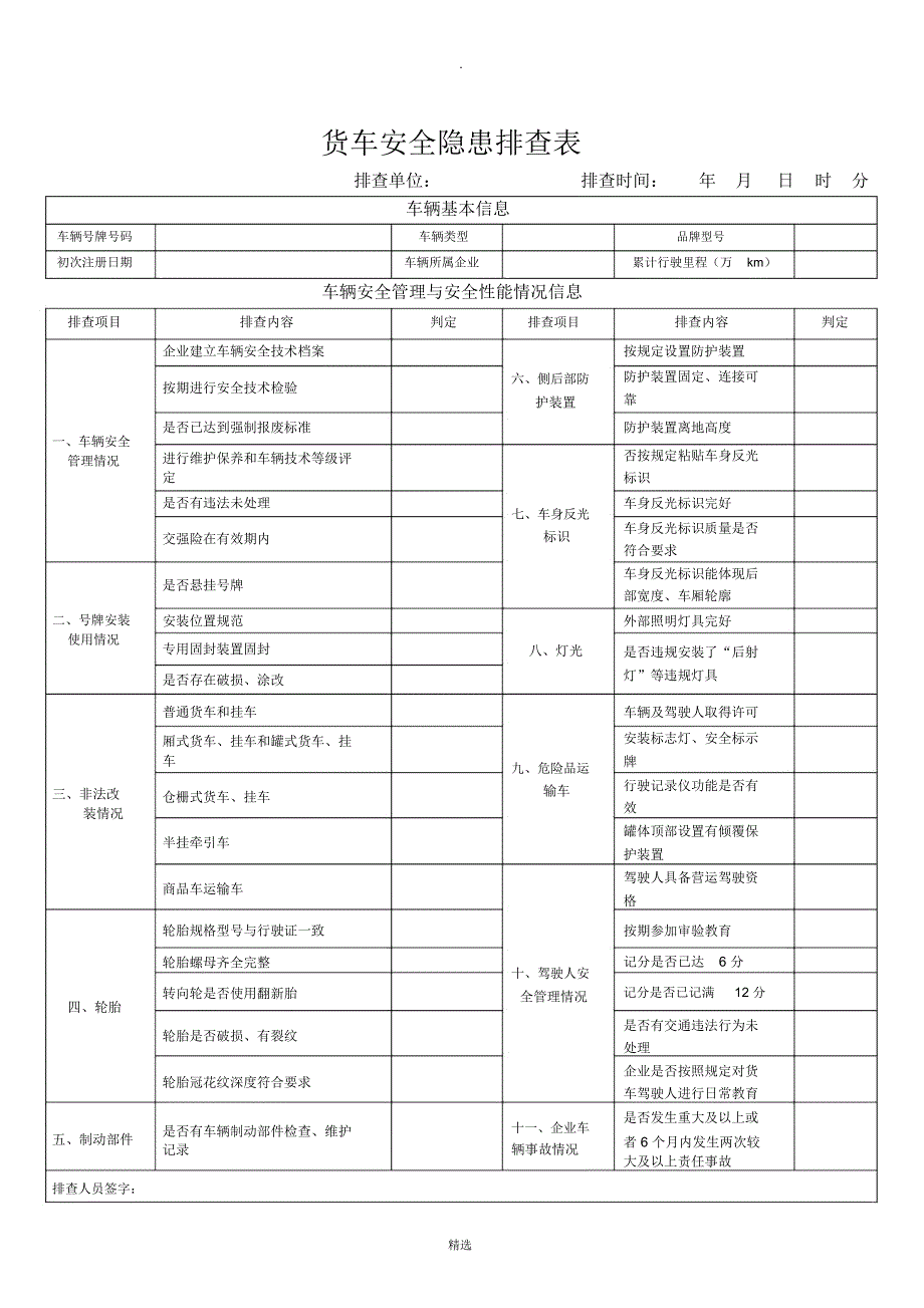 货车安全隐患排查表.doc_第1页