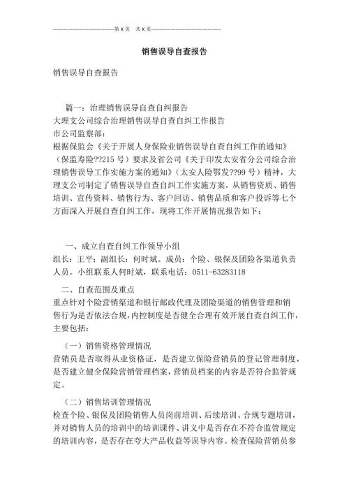 销售误导自查报告最新版.doc