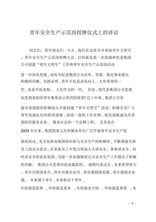 青年安全生产示范岗授牌仪式上的讲话.doc