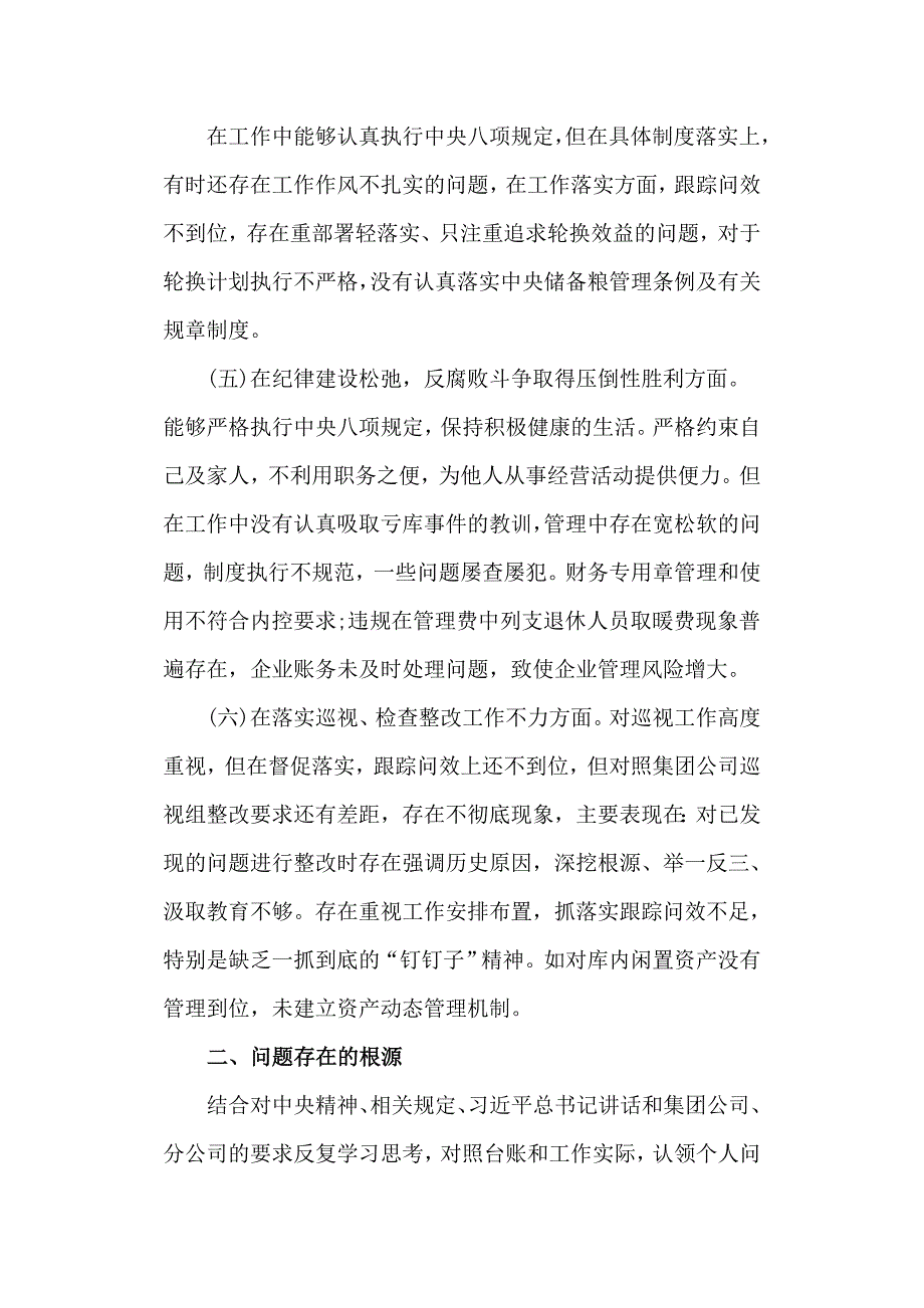 落实中央巡视整改专题生活会粮库公司个人对照检查材料.doc_第3页