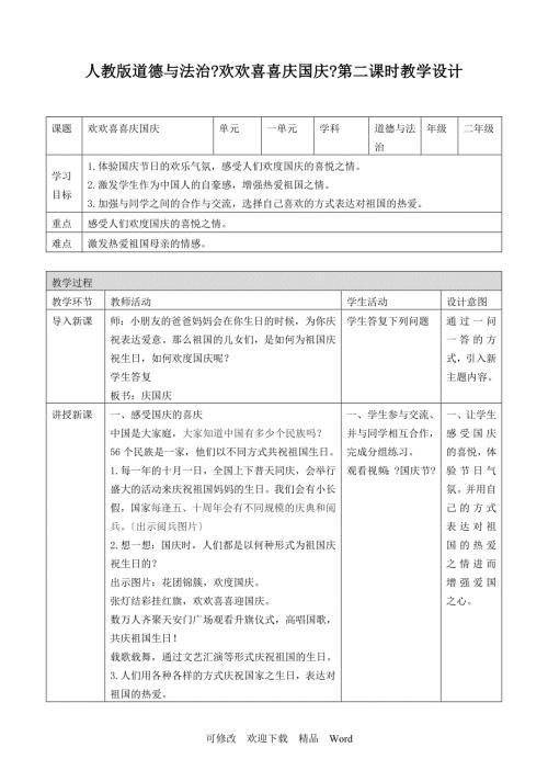 部编版道德与法治教学设计欢欢喜喜庆国庆第二课时教案2.doc