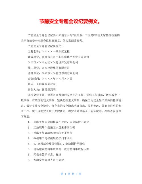节前安全专题会议纪要例文.doc