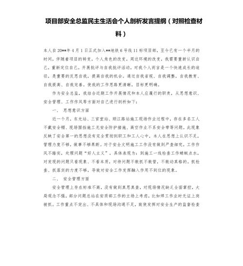 项目部安全总监民主生活会个人剖析发言提纲对照检查材料.docx