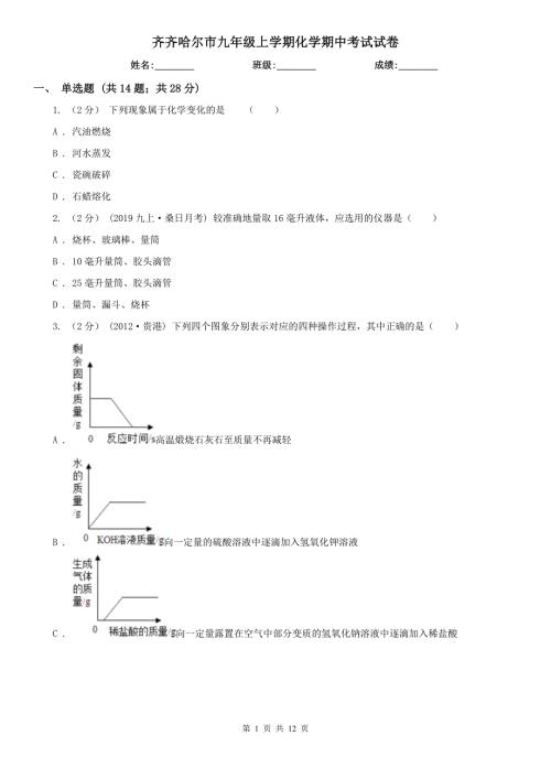 齐齐哈尔市九年级上学期化学期中考试试卷.doc