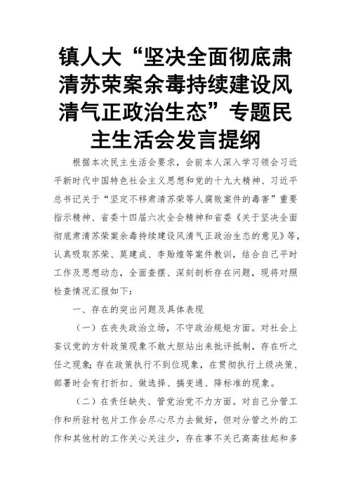 镇人大坚决全面彻底肃清苏荣案余毒持续建设风清气正政治生态专题xx生活会发言提纲.doc