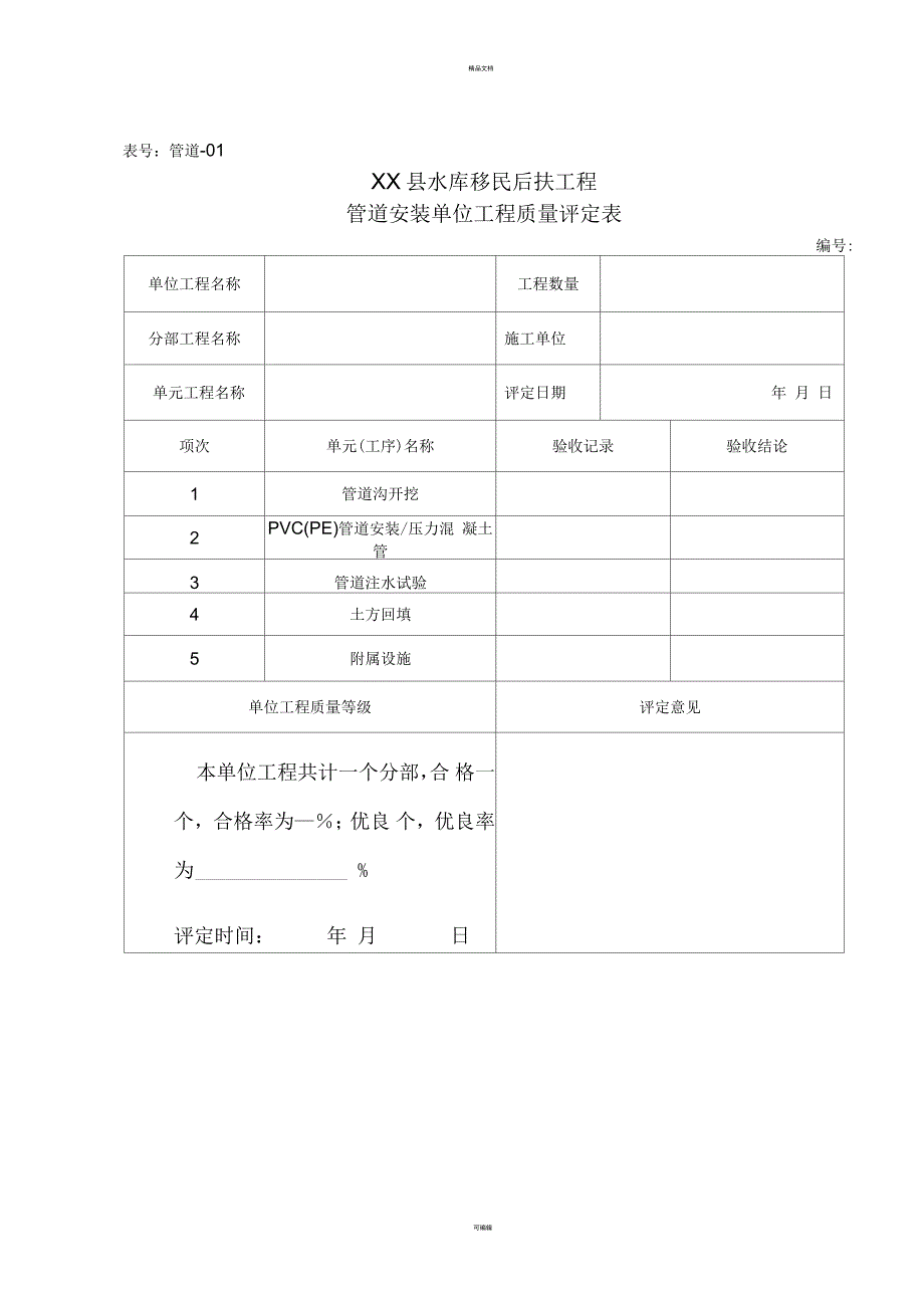 管道施工质量检验评定表.docx_第1页