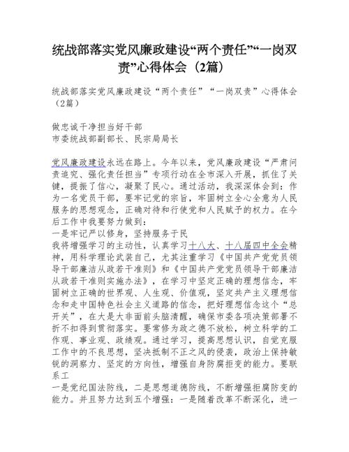 统战部落实党风廉政建设两个责任一岗双责心得体会2篇.doc