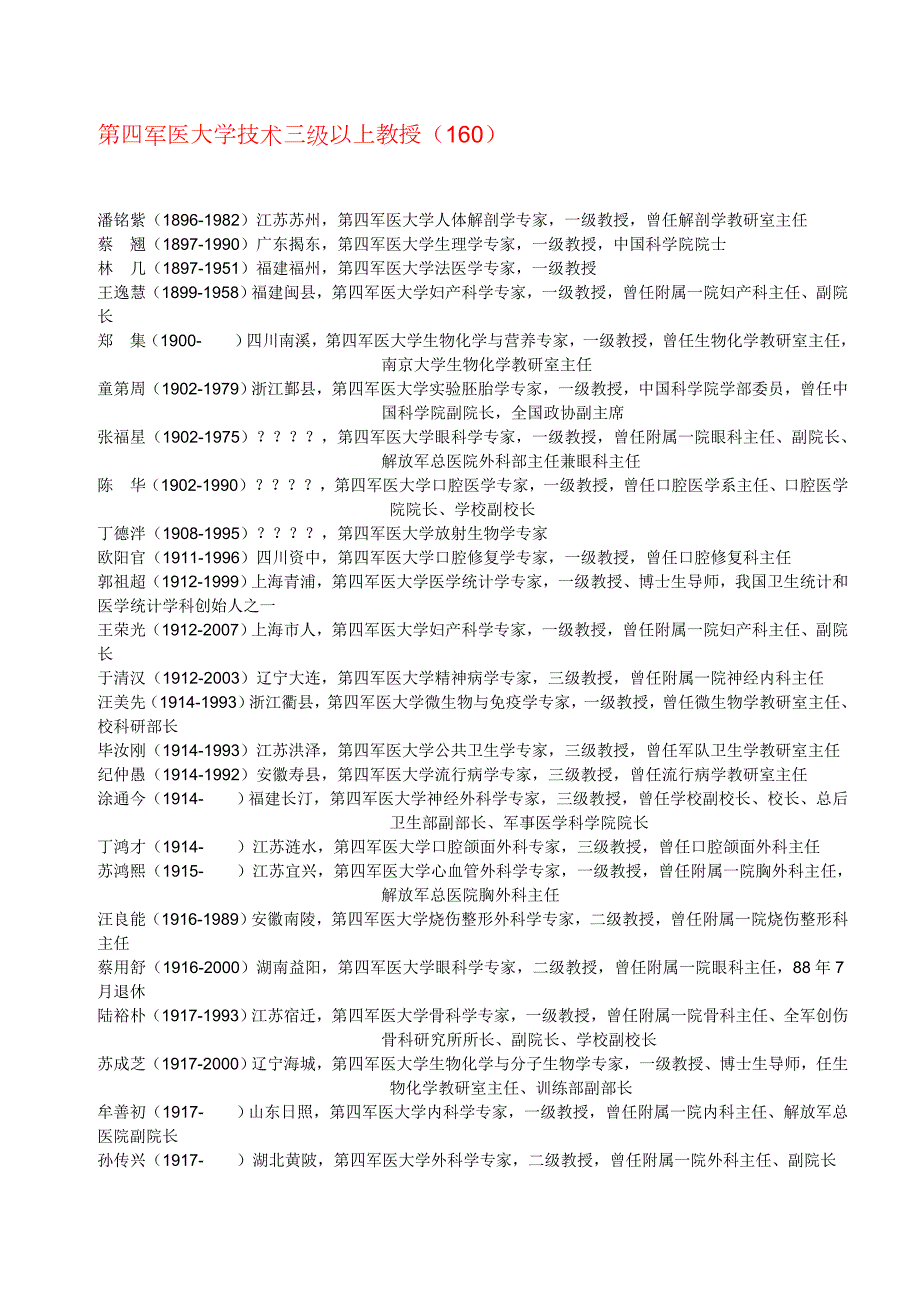 精品资料20212022年收藏解放军第四军医大学三级以上教授.doc_第1页